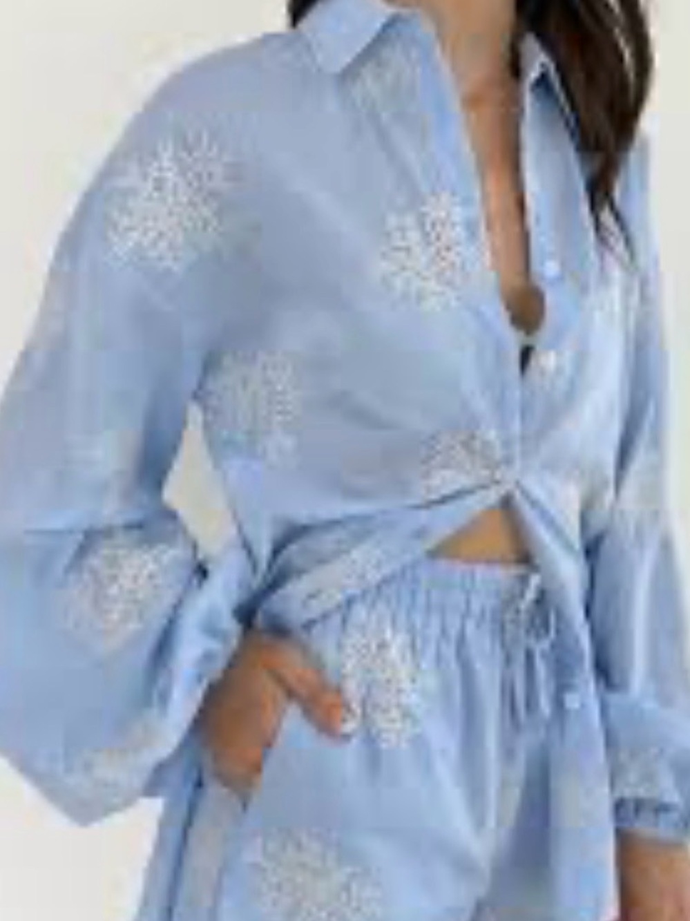 Commense Light Blue Embroidered Tie-Front Button Down Shirt